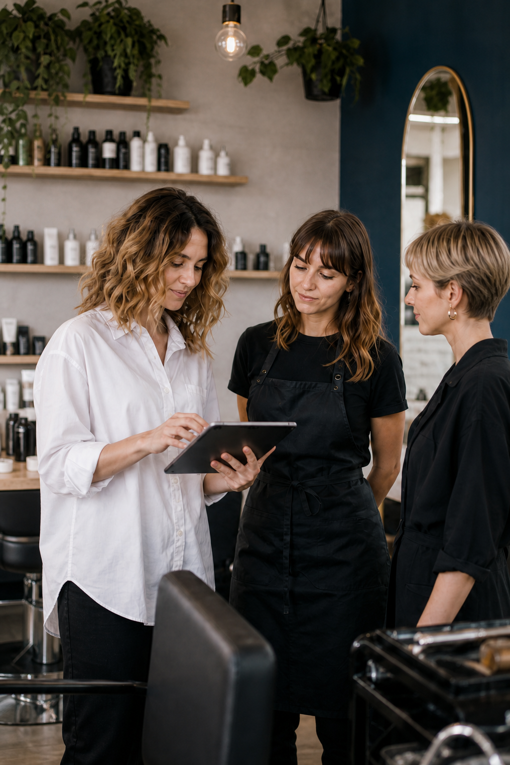 Tre professioniste organizzano insieme la giornata del salone.